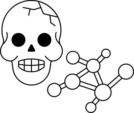 A skull is drawn with a smile on its face and a molecule is drawn next to it Stock Illustration