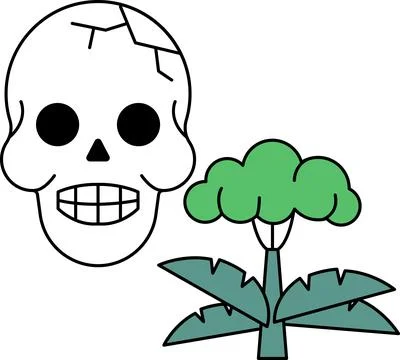 A skull is drawn with a smile on its face and a tree is drawn in the backgrou Stock Illustration