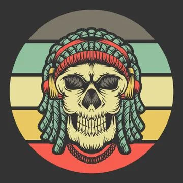 Skull dreadlocks headphone retro vector illustration Stock Illustration