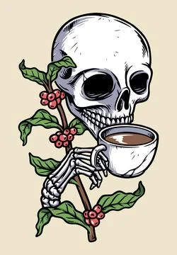 Skull drinking coffee and coffee tree illustration Stock Illustration