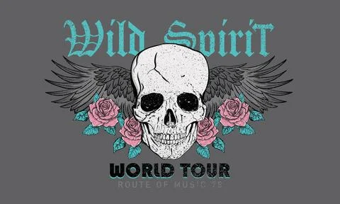 Skull with eagle wing artwork. Rose flower. Stock Illustration