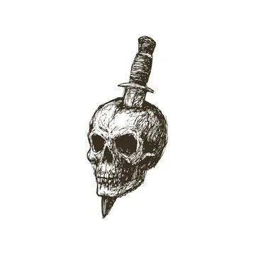 Skull with Embedded Knife Stock Illustration
