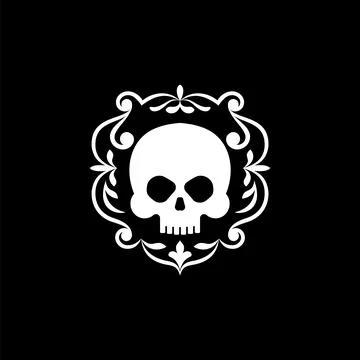 Skull emblem in decorative frame on black background. Gothic and dark style.. Stock Illustration