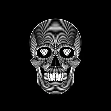 Skull engraved on black background Illustrazione stock