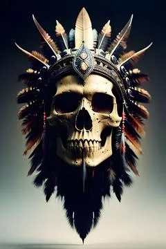 A skull with feathers is displayed on the wall above the water Ilustração Stock