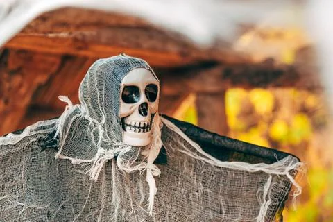 Skull figure draped in torn mesh cloth as eerie Halloween decor on wooden b.. Stock Photos