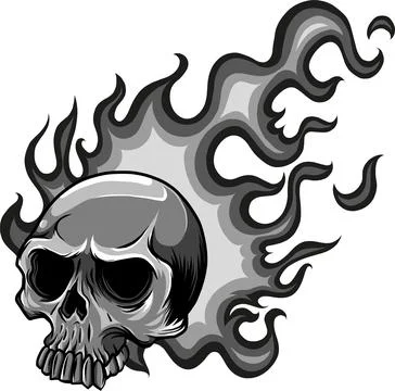 Skull on Fire with Flames Vector Illustration. black and white fire skull Stock Illustration