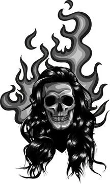 Skull on Fire with Flames Vector Illustration. black and white fire skull Stock Illustration