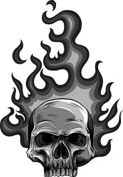 Skull on Fire with Flames Vector Illustration. black and white fire skull Stock Illustration