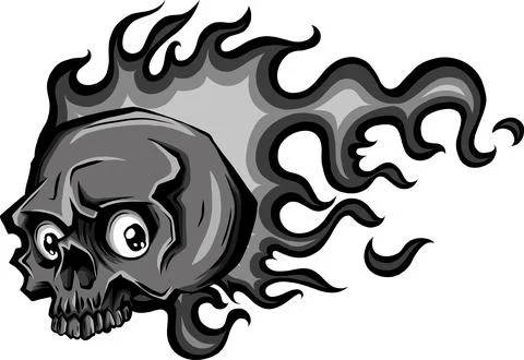 Skull on Fire with Flames Vector Illustration. black and white fire skull 스톡 일러스트
