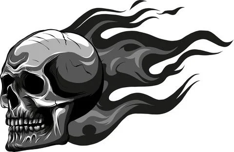 Skull on Fire with Flames Vector Illustration. black and white fire skull Stock Illustration