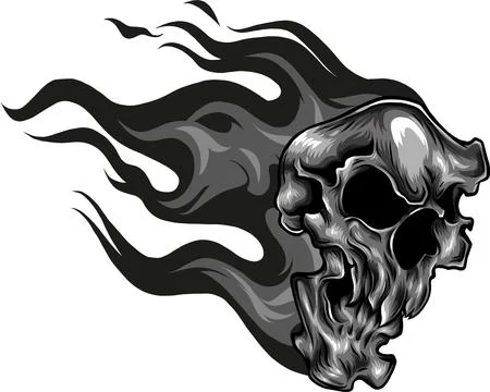 Skull on Fire with Flames Vector Illustration. black and white fire skull 스톡 일러스트