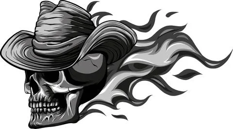 Skull on Fire with Flames Vector Illustration. black and white fire skull Stock Illustration
