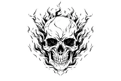 Skull in fire frame hand drawn ink sketch. Engraved style vector illustration. Stock Illustration