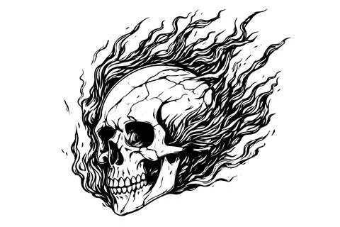 Skull in fire frame hand drawn ink sketch. Engraved style vector illustration. Stock Illustration