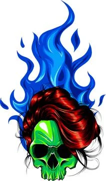 Skull with fire vector logo design on white background. digital draw Stock Illustration