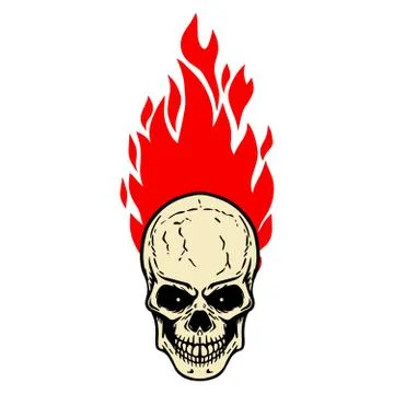 Skull with fire on white background. Design element for logo, label, emblem, Stock Illustration