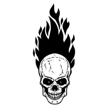 Skull with fire on white background. Design element for logo, label, emblem, Stock Illustration