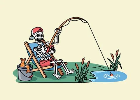 Skull is fishing while sitting Stock Illustration