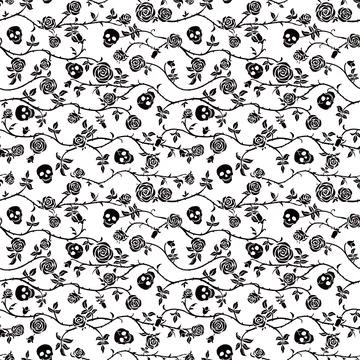Skull floral seamless pattern. Climbing curly rose and thorn. Black and white Illustrazione stock