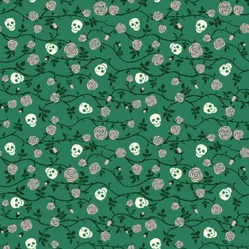 Skull floral seamless pattern with climbing curly rose and thorn Stock Illustration