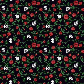 Skull floral seamless pattern with red climbing curly rose and thorn Illustrazione stock