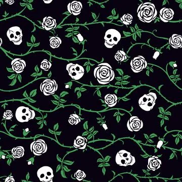 Skull floral seamless pattern with white climbing curly rose and thorn Illustrazione stock