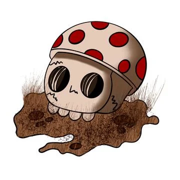 Skull with fly agaric mushroom cap lies on the ground halloween Stock Illustration
