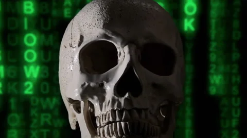 Skull front matrix code rain glow Stockbeeldmateriaal 132439660