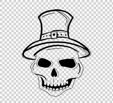 Skull ghost wearing a witch's hat Hand drawn lines. Isolate on transparent .. Stock Illustration