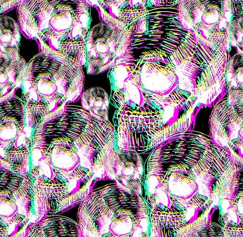 Skull glitch pattern seamless. Hand drawing skeleton head background. death t Stock Illustration