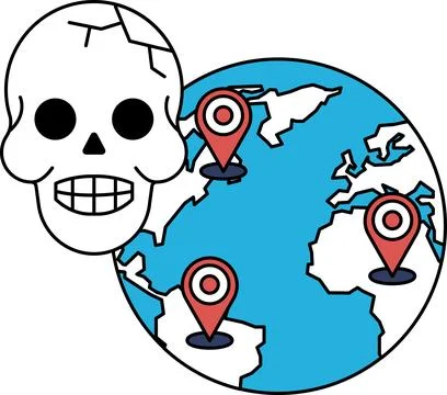 A skull is on a globe with four dots on it Stock Illustration
