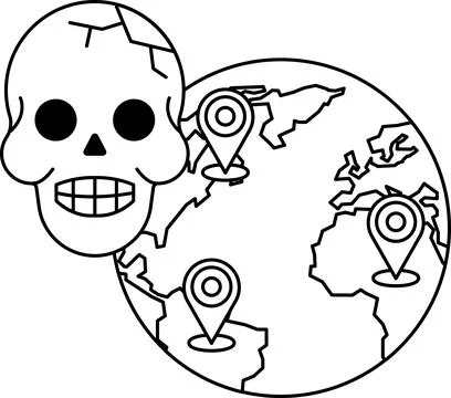 A skull is on a globe with four dots on it Stock Illustration