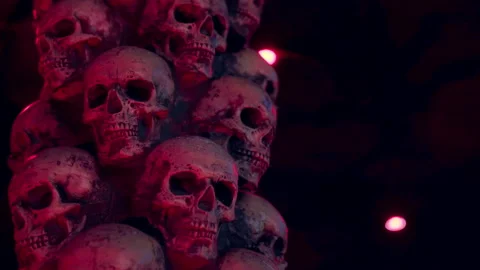 Skull Halloween Background Night Red Light Many People Skulls Stand on top of Video stock 160051708