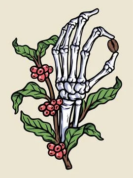 Skull hand and coffee tree illustration Stock Illustration