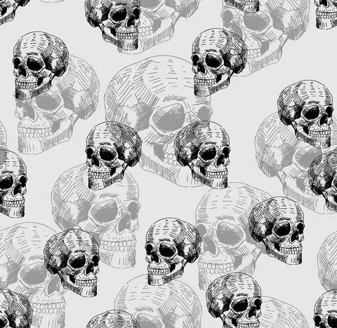 Skull Hand drawing pattern seamless. Skeleton head background. Death texture. Stock Illustration
