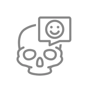 Skull with happy face in speech bubble line icon. Bone structure of the head Illustrazione stock