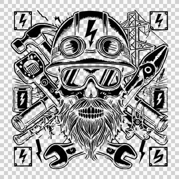 Skull In Hard Hat With Tools wearing headgear goggles wrench Stock Illustration