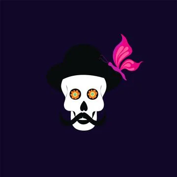 Skull in a hat with a mustache and a bow tie on a black background. Stock Illustration