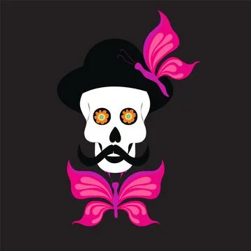 Skull in a hat with a mustache and a bow tie on a black background. Illustrazione stock