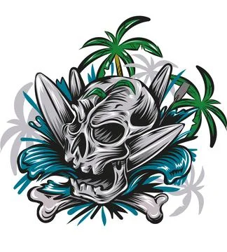 Skull head on the beach with a surfboard. vector illustration Ilustración de archivo