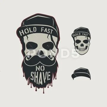 Skull Head Character. Vintage Hand Drawn Design With Cap, Beard, Mustache And