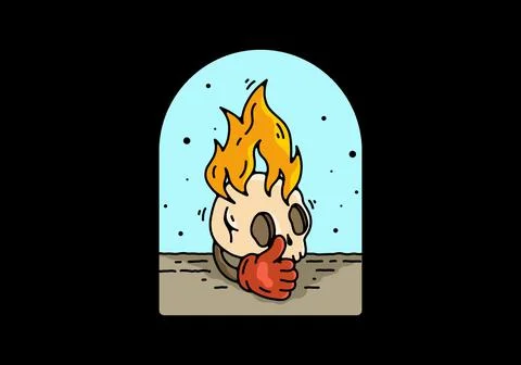 Skull head with flame and thumb up illustration Stock Illustration