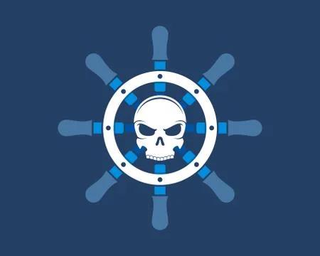 Skull head inside the ship steering wheel Illustrazione stock