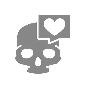Skull with heart in speech bubble grey icon. Bone structure of the head, cranium Illustrazione stock