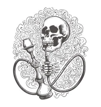 Skull with hookah in a smoke clouds. Vector illustration. Stock Illustration