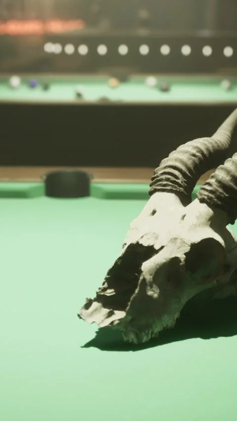 Skull with horns resting on a pool table in a lively game venue Stock Footage 318525840