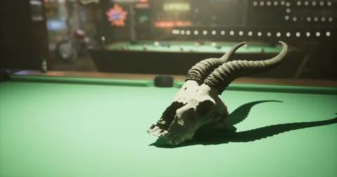 Skull with horns resting on a pool table in a lively game venue Stock Illustration