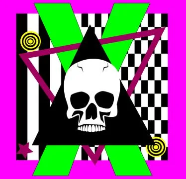Skull icon background with black Triangle, neon letter X Ilustración de archivo