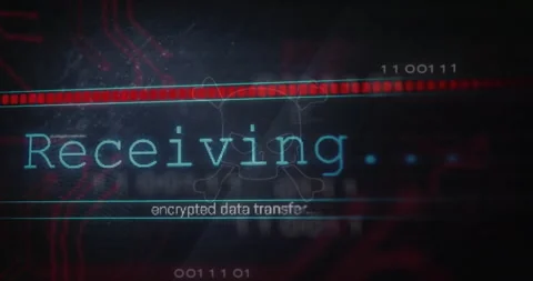 Skull icon glitching over red segmented bar, binary digits streaming above, Stock Footage 307434252